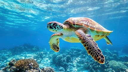 Fototapeta premium A sea turtle swimming gracefully through clear blue waters, with colorful coral reefs in the background