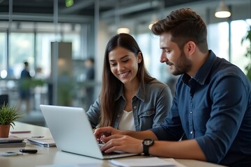 A smiling young couple uses a laptop together, working online in a cafe