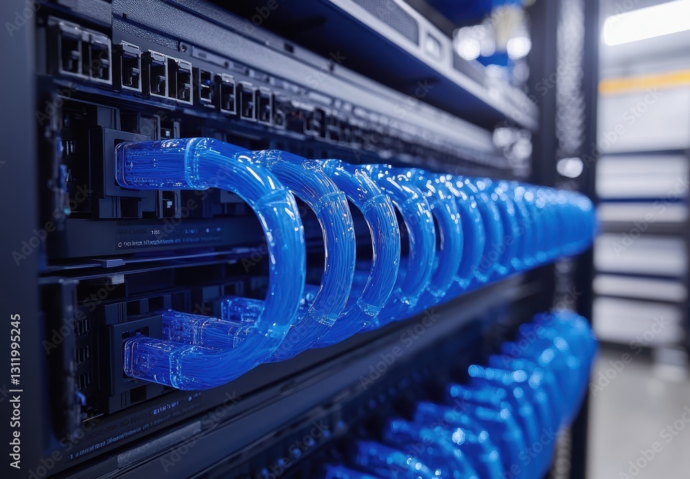 Poster close-up of bright blue fiber optic cables in a high-tech server rack surrounded by modern networkin