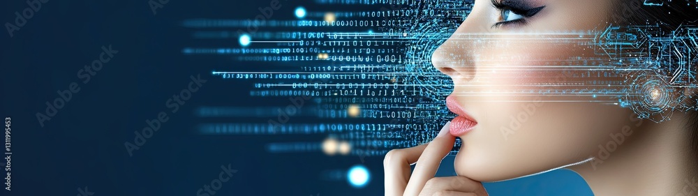 Poster futuristic female profile with digital elements and binary code on a dark blue background