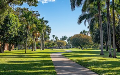 Obraz premium A serene park with wide, green lawns and tall trees creating natural pathways under a bright blue sky