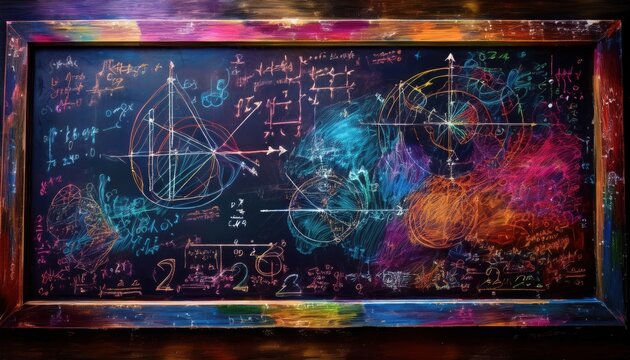 Chalk drawings on a blackboard creatively illustrate complex math equations.