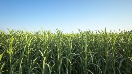 Obraz premium Expansive Sugar Cane Plantations with Lush Green Fields and Rows of Tall Crops Under a Clear Blue Sky in a Vibrant Rural Landscape