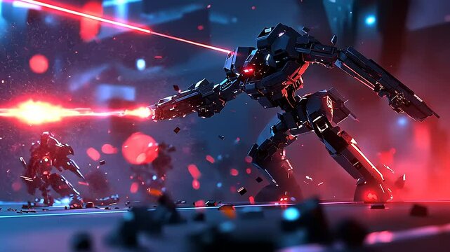 Futuristic robots firing lasers in a high-tech environment.