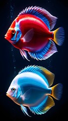 A radiant discus fish glows with fiery red, electric blue, and gold hues, floating elegantly in a dark, mystical underwater realm.