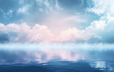 A sky filled with misty clouds above a calm lake, with the atmosphere creating a dreamy, tranquil feeling