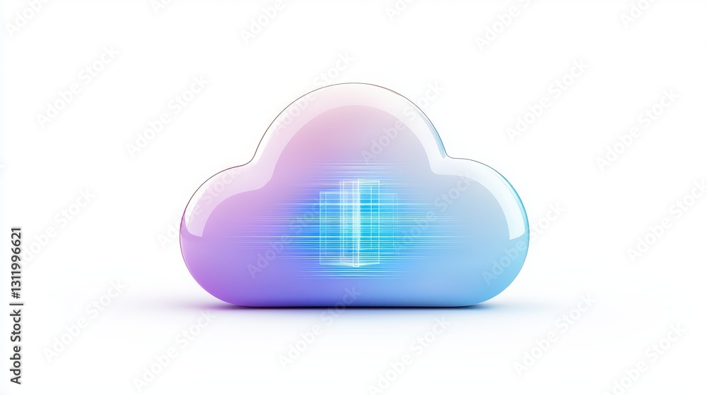 Poster a stylized cloud icon with a smooth gradient, symbolizing digital storage and data transfer, featuri