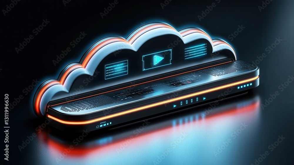 Poster a sleek, futuristic cloud design with glowing edges, featuring digital elements and a play button, i