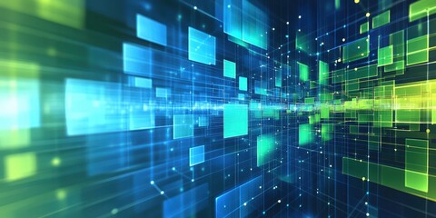 Close-up of an intricate, vibrant abstract backdrop with intertwined blue and green lines and dots forming a dynamic grid. Colors blend seamlessly, evoking a sense of digital wonder