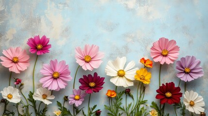 Vibrant Cosmos Flowers on Textured Blue Background