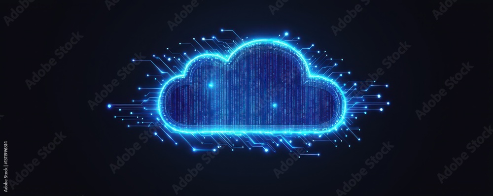 Poster a digital representation of a blue cloud icon, surrounded by glowing particles, symbolizing cloud co