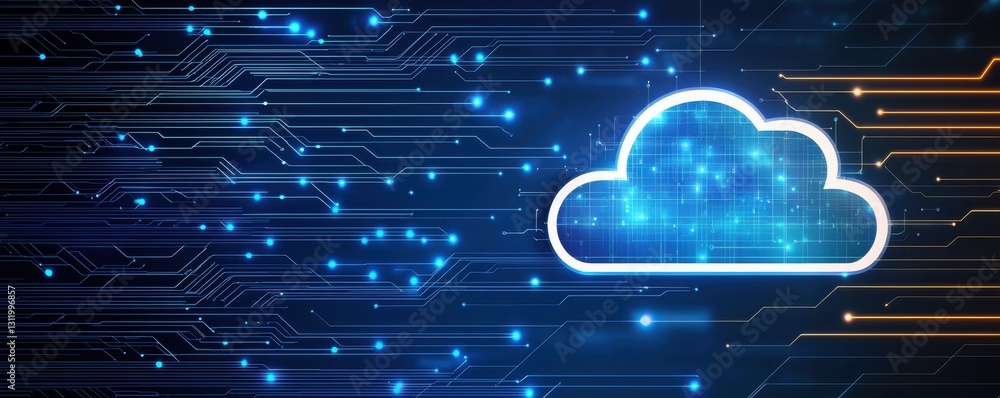 Poster a digital cloud icon surrounded by glowing circuits and dots, representing technology, data, and clo