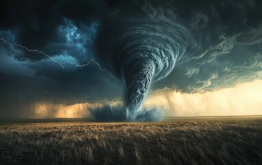 A tornado in the distance over a flat plain, with dark clouds swirling above and lightning striking