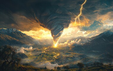 Fototapeta premium A tornado funnel cloud descending over a valley with lightning illuminating the sky