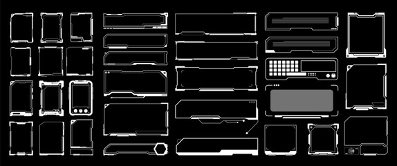 Isolated Futuristic frame Vector illustration, Text boxs, Digital interfaces, and tech components. Cyberpunk themes graphic elements, game design, sci-fi, HUD and Hologram border (Editable) © Moovor Lab