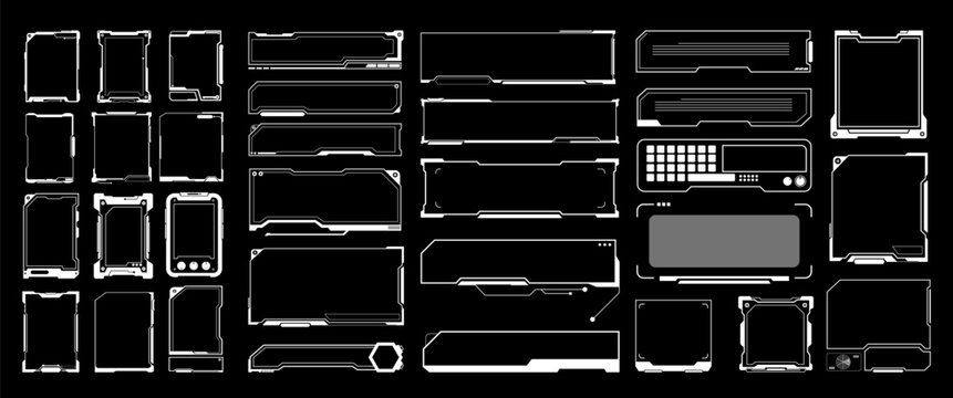 Isolated Futuristic frame Vector illustration, Text boxs, Digital interfaces, and tech components. Cyberpunk themes graphic elements, game design, sci-fi, HUD and Hologram border (Editable)