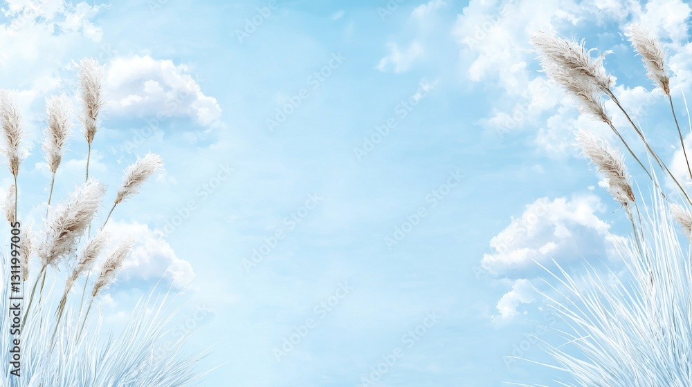 Poster a serene sky with fluffy clouds and tall grass swaying gently, creating a peaceful and tranquil atmo