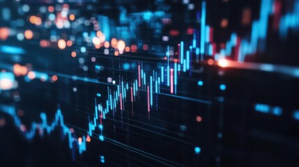 Obraz premium Financial Technology Data Visualization with Dynamic Candlestick Chart Analysis Showing Market Trends and Trading Patterns on Dark Background