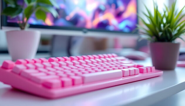 Pink Keyboard on Desk with Plants and Monitor for Gaming Setup