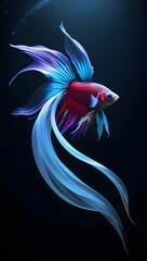 A celestial betta fish with glowing, flowing fins dances gracefully in a mystical, dreamlike darkness.