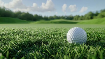 Fototapeta premium Golf Ball Resting in Grass Next to Green with Open Space for Text on Golf Course Concept of Bad Shot or Missed Opportunity