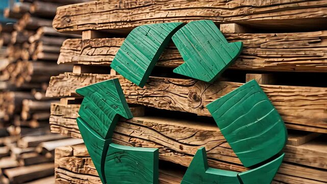 Stacks of recycled compressed cardboard tied with green straps in a recycling facility for reuse

