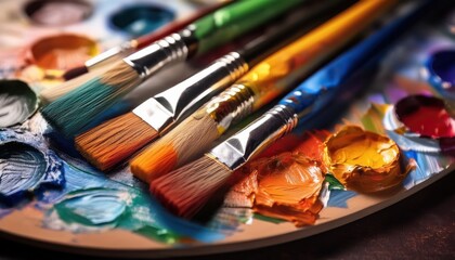 Bright and vivid brushes resting on a colorful palette, inviting creativity and inspiration.