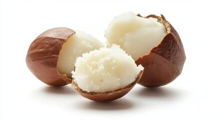 Gorgeous shea nut filled with shea butter. on white background.