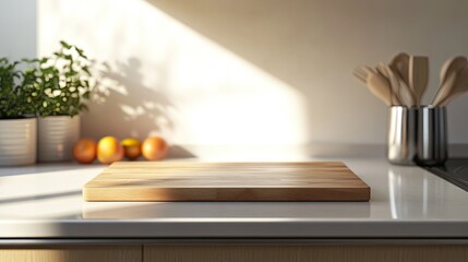 Sun-drenched kitchen countertop featuring a wooden cutting board and fresh produce