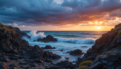 Obraz premium Ocean waves crashing against rugged rocky coastline