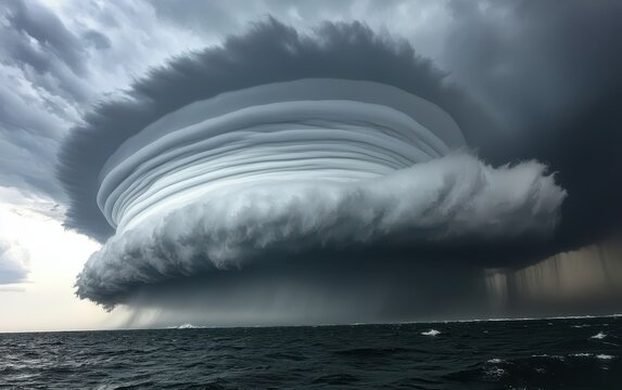 A storm cloud rapidly rolling in over the ocean, with dark gray clouds and gusty winds