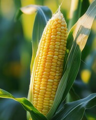 Golden Organic Corn Close Up with Morning Dew Drops in Sustainable Agriculture Farm Field During Summer Harvest