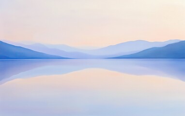 Fototapeta premium A soft, misty morning landscape with a lake reflecting the pastel-colored sky and distant hills