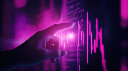 Active Market Interaction. A hand interacts with a digital interface displaying vibrant data visualizations, symbolizing real-time decision-making.
