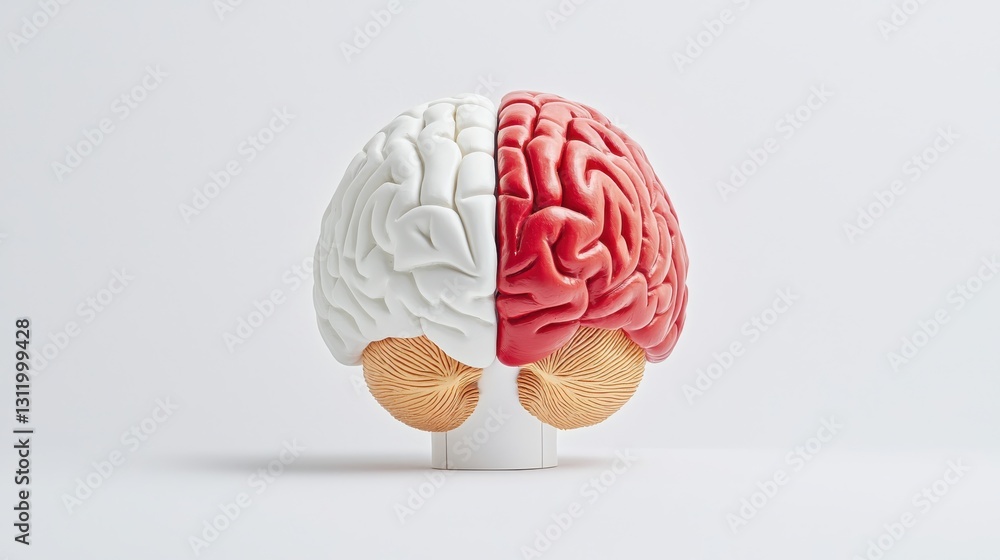 Poster a split brain model with one half in white and the other in red, showcasing detailed neural structur