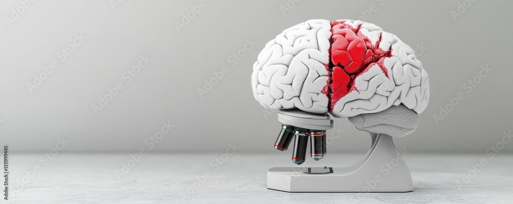 Poster a conceptual image of a brain on a microscope, highlighting areas of interest with a red mark, symbo