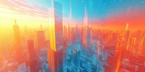 A vibrant futuristic cityscape thrives with swirling oranges, blues, and yellows. Dynamic structures soar amidst harmonious color blends, evoking energy and innovation in every line