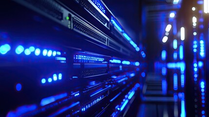 Futuristic data center illuminated with vibrant blue server lights