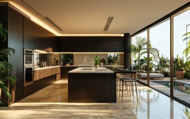 A spacious luxury apartment with a sleek, modern kitchen, two bedrooms, and a private rooftop terrace with a pool