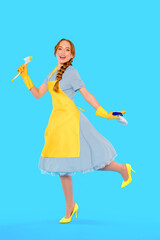 Pinup woman in blue dress with yellow apron and gloves joyfully cleaning with vibrant background in modern setting