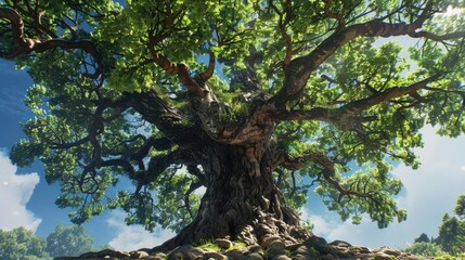 Fototapeta premium Majestic old growth tree reaching towards a bright, sunny, clouded sky