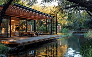 Fototapeta premium A stylish contemporary home with wooden slats and glass walls, sitting beside a peaceful river, with a beautiful outdoor dining area on the deck