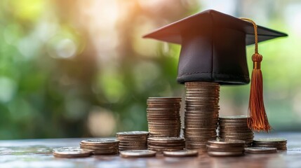 Graduation cap on saving coins for concept finance and education scholarships. 