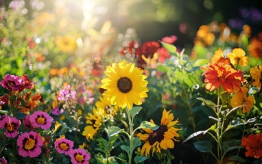 A summer garden overflowing with vibrant flowers like sunflowers, petunias, and marigolds, all bathed in warm sunlight