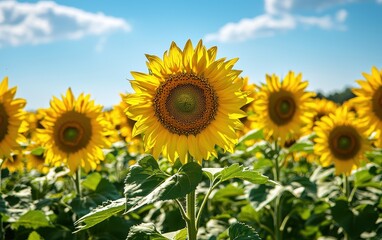 Fototapeta premium A sunflower field in full bloom, with bright yellow flowers reaching toward a blue sky on a warm summer day