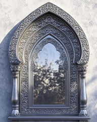 Ornate Silver Arched Mirror with Intricate Carvings Reflecting Foliage Set Against Textured White Wall