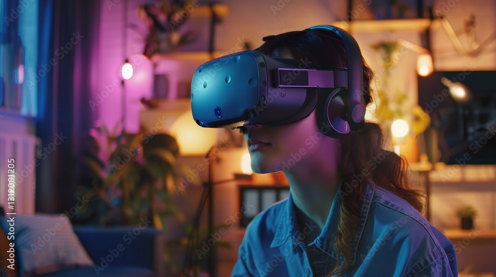 Poster minimalistic mixed reality workspace with virtual reality headset and sea view