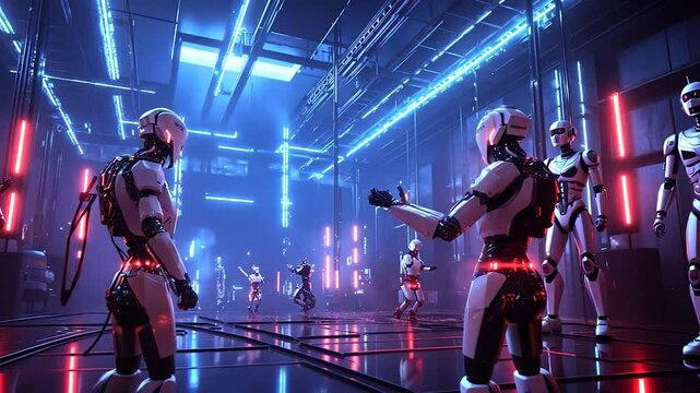 Futuristic robots engaging in a discussion inside a neon-lit cybernetic facility