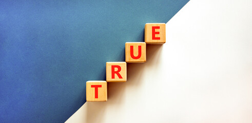 True symbol. Concept word True on beautiful wooden blocks. Beautiful white and blue background....
