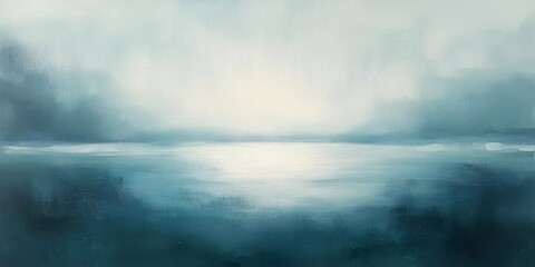 Fototapeta premium A serene abstract landscape oil painting featuring soft blues and greys, ideal for calming home decor, wellness spaces, or tranquil event themes.